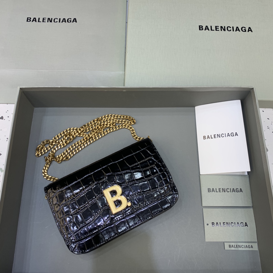 Balenciaga Small Woc Wallet With Chain Crocodile Embossed Shoulder Bag Black